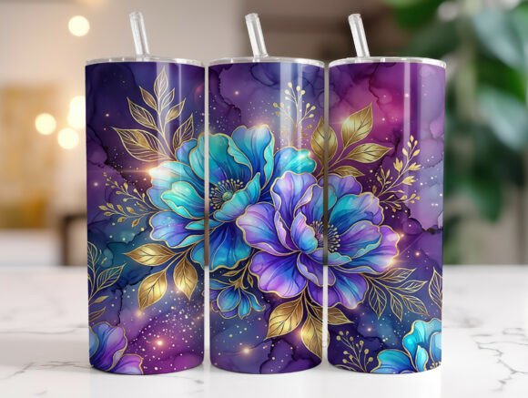 Blue Purple Floral Gold Leaf Tumbler PNG Graphics & Wraps