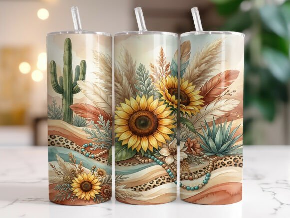 Desert Boho Sunflower Cactus Tumbler Graphics & Wraps