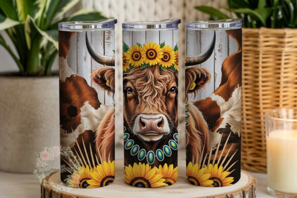 Highland Cow Sunflower Tumbler Wrap PNG