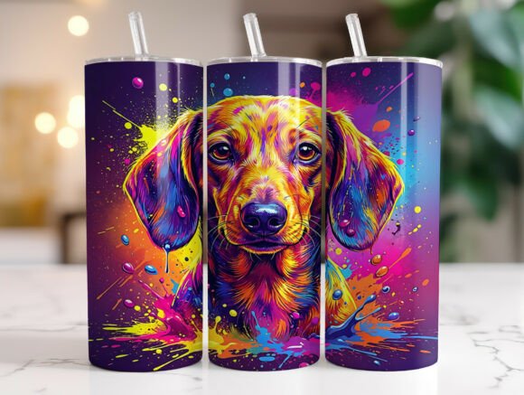 Neon Dachshund Paint Splatter Tumbler Wraps Graphics