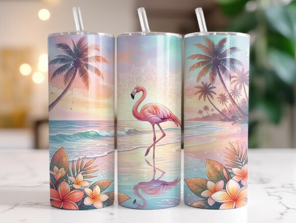 Pink Flamingo Sunset Beach Tumbler Wrap Graphics