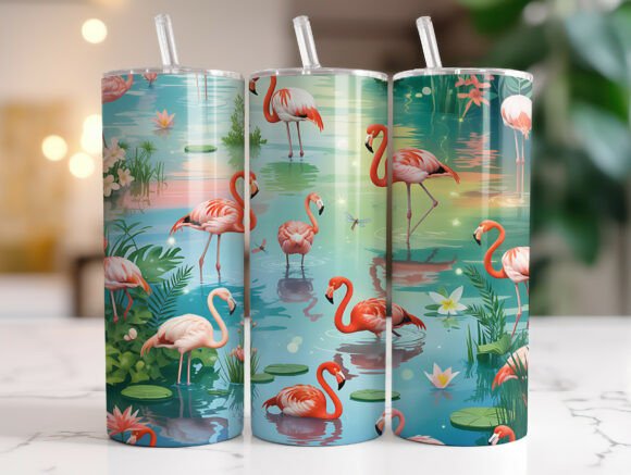 Pink Flamingos and Flowers Tumbler Wraps Graphics