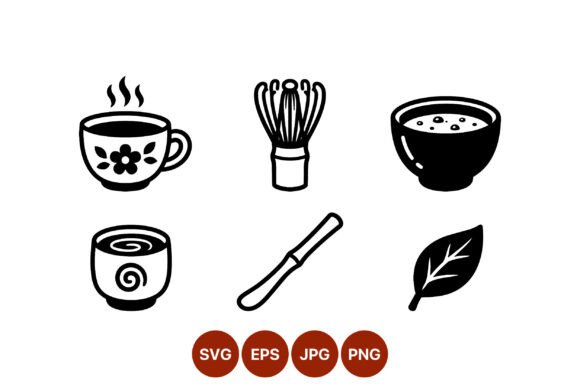 Tea Cup Whisk Bowl Leaf Icon Set for Brand Graphics & Illustrations