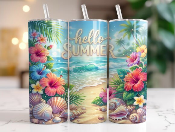 Tropical Beach Hello Summer Tumbler Wrap Graphics for Branding