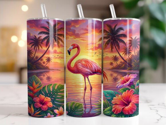 Tropical Flamingo Sunset Beach Tumbler Graphics for Tumbler Wraps