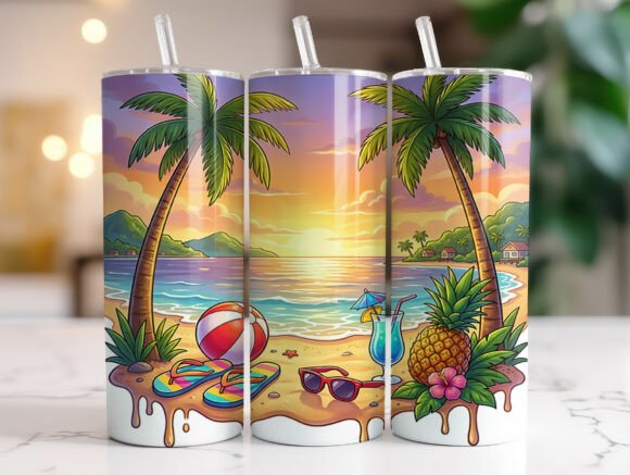 Vibrant Tropical Beach Sunset Tumbler Wraps & Graphics