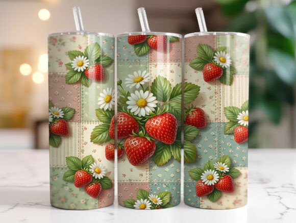Vintage Strawberry Floral Quilt Tumbler Graphics