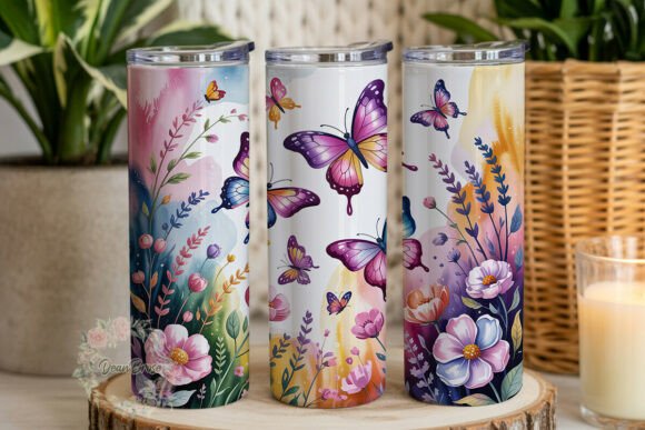 Watercolor Butterfly Floral Tumbler Wraps Graphics