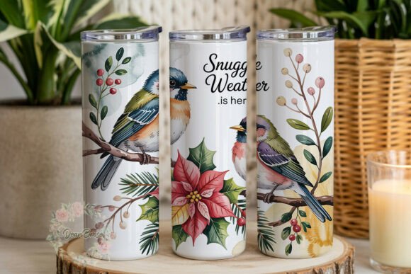 Winter Birds Poinsettia Tumbler Wraps Graphics